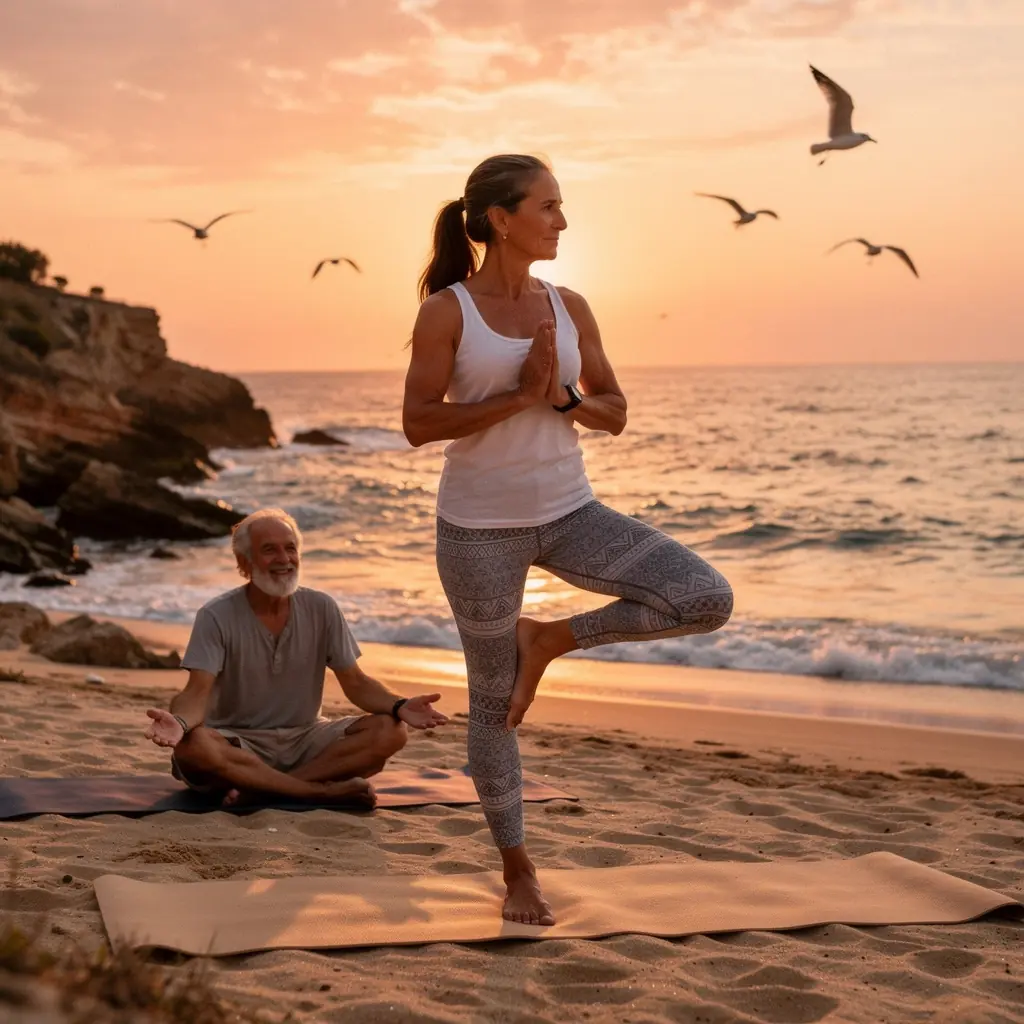 Una mujer meditando en una colina al amanecer, conectando cuerpo y mente para aumentar la salud y el bienestar.