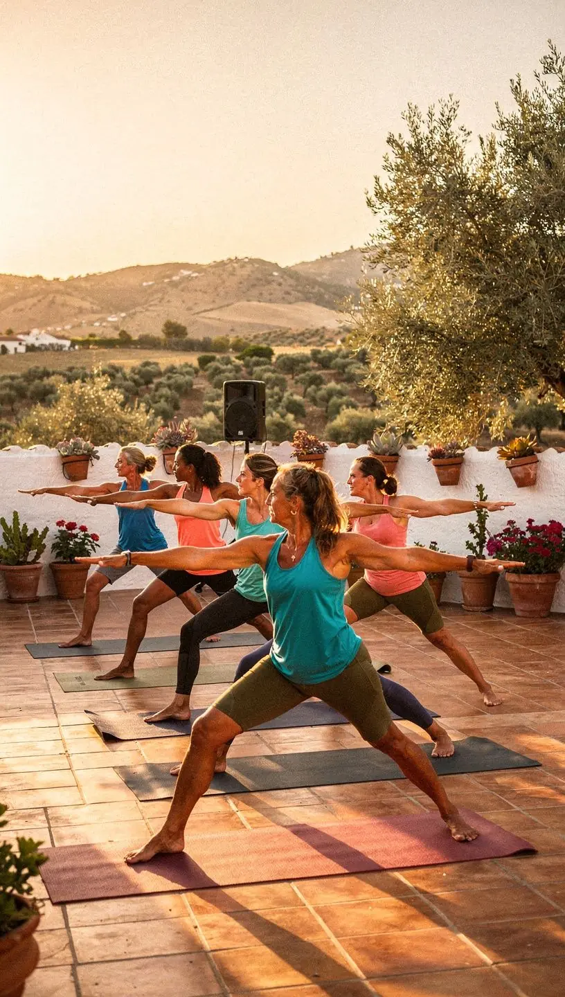 Practicante de yoga realizando una postura de árbol en un entorno natural, simbolizando equilibrio y fortaleza.
